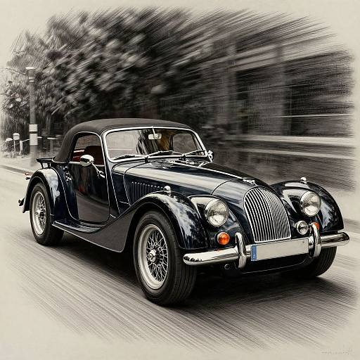 Photograph of a sleek, black classic convertible sports car speeding down a blurred, urban street at night, with motion lines emphasizing its rapid movement.
