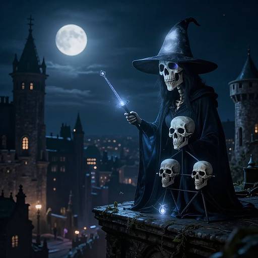 Skeleton Witch Casting Spell Over City