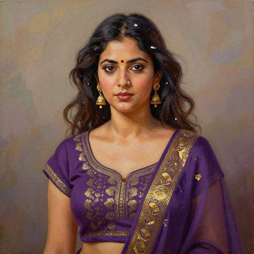 Digital portrait of an Indian woman with dark wavy hair, brown eyes, wearing a purple embroidered blouse and sari, gold jewelry, and a red