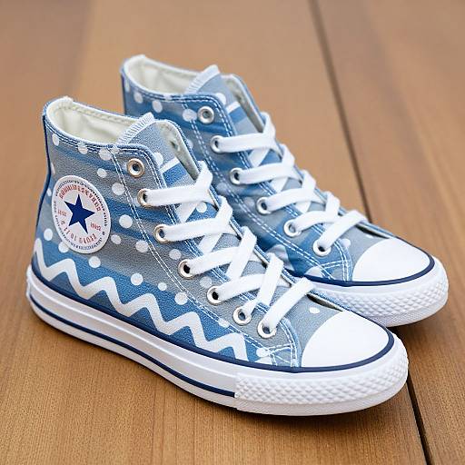 Photograph of blue high-top Converse sneakers with white polka dots, white laces, and white rubber soles, placed on wooden floor.