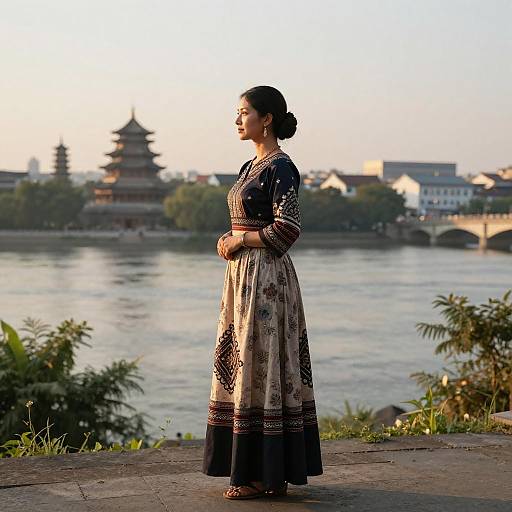 Elegant Woman in Traditional Dress at Sunset