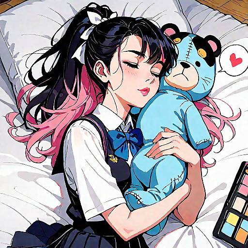 Anime Girl Hugging Stuffed Bear