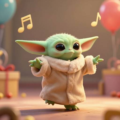 CGI image of a cute, green, big-eyed goblin child in a fluffy beige coat, standing with arms out, surrounded by balloons and musical