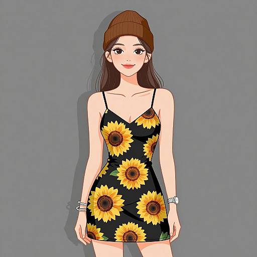 Smiling Woman in Sunflower Mini Dress