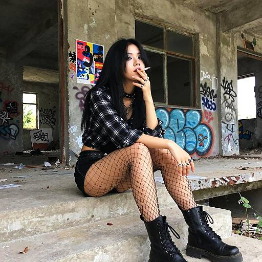 Photograph of a young woman with long black hair, plaid shirt, black shorts, fishnet stockings, and boots, smoking in a graffiti-covered