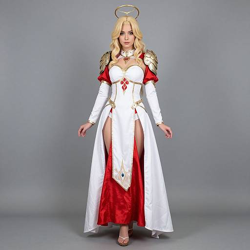 Photograph of a blonde woman in a white and red angelic costume with gold shoulder plates, halo, and thigh-high slit, standing against a gray
