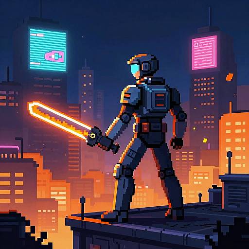 Pixel Art Futuristic Courier with Energy Blade on Rooftop