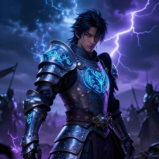 Digital art of a fierce, black-haired warrior in glowing blue, metallic armor, standing amidst a stormy sky with purple lightning.