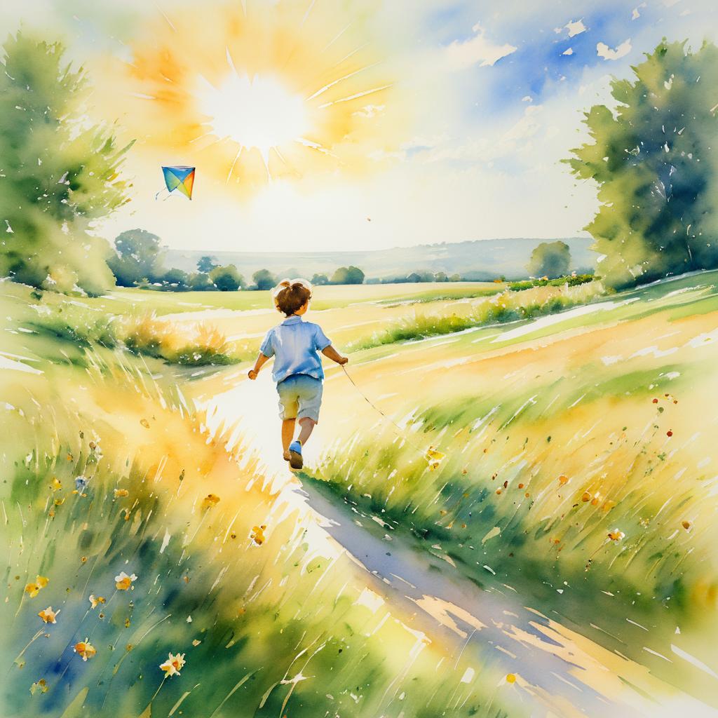 Watercolor Boy with Kite in Sunny Meadow