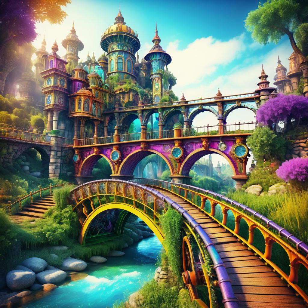 Vibrant Steampunk Bridge in Fantasy Valley