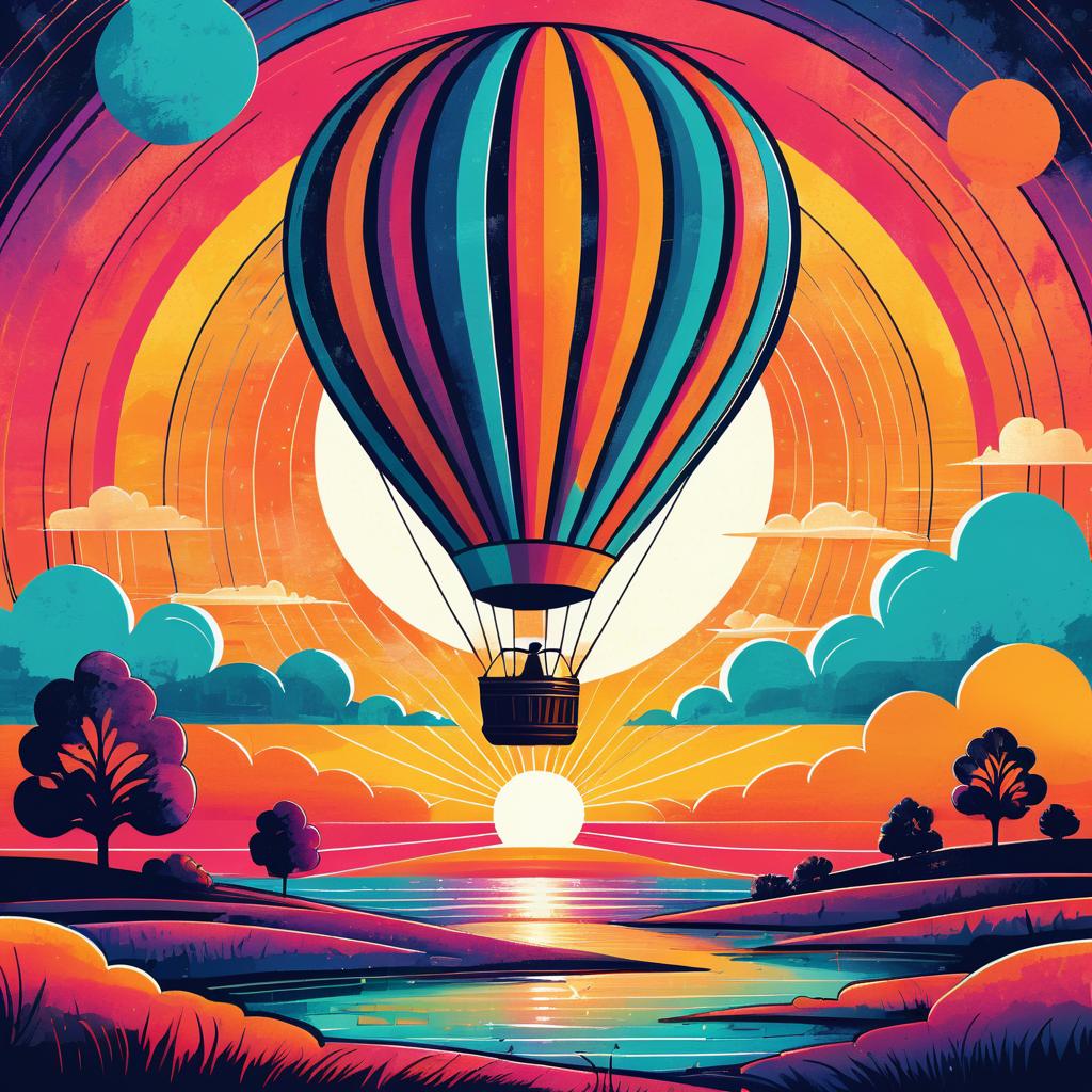 Whimsical Retro Sunset with Hot Air Balloon