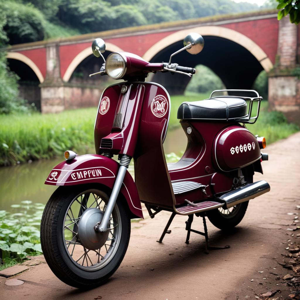 Vintage Burgundy Moped on Railway Bridge