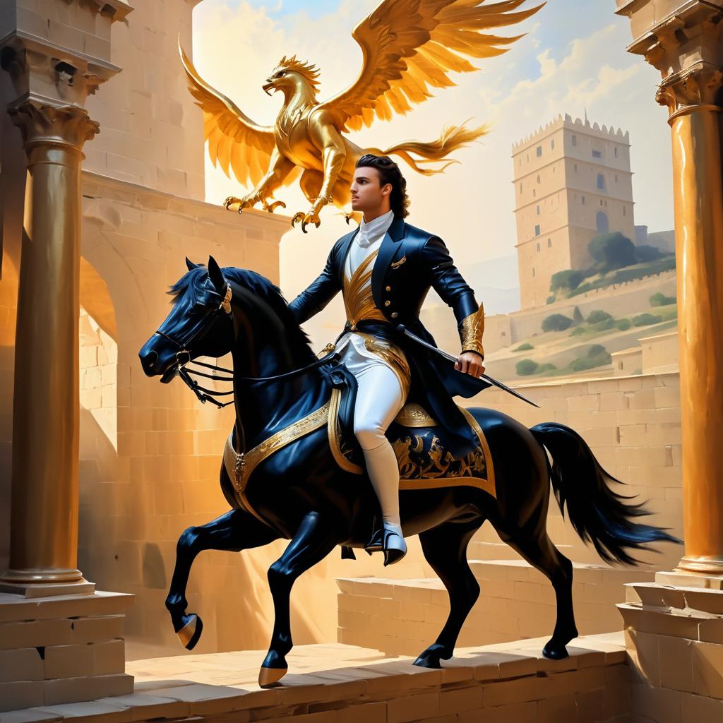 Elegant Man Riding Griffin in Castle