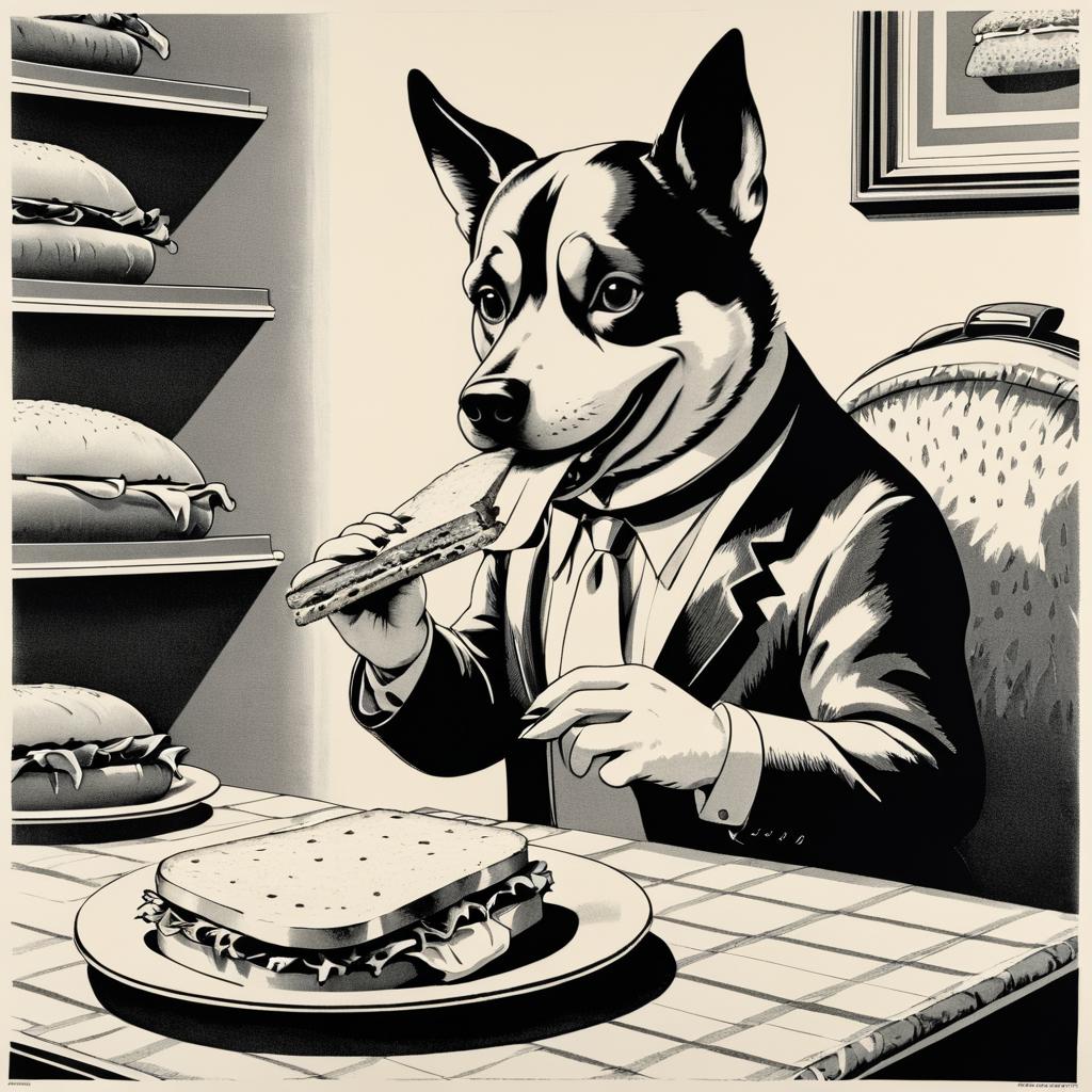 Whimsical Dog Enjoying a Sandwich