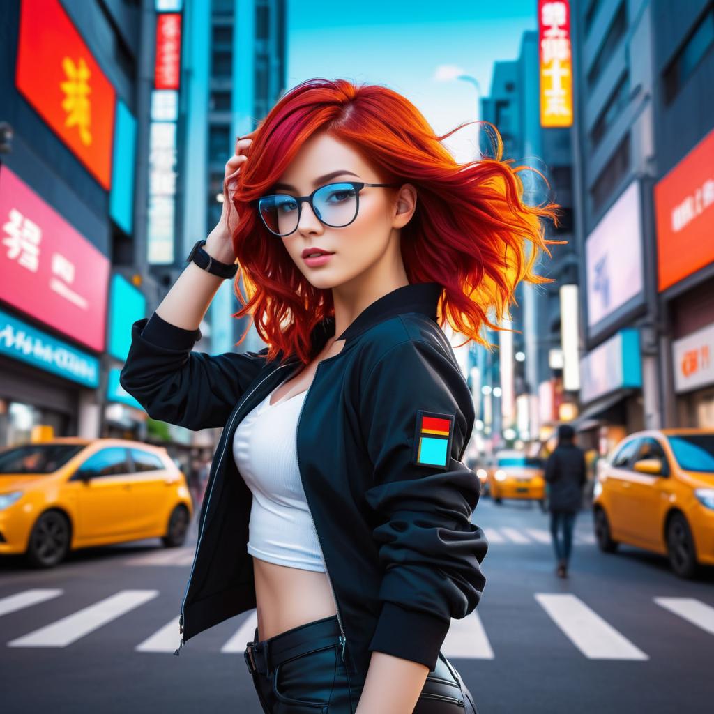 Vibrant Anime Woman in Urban Scene