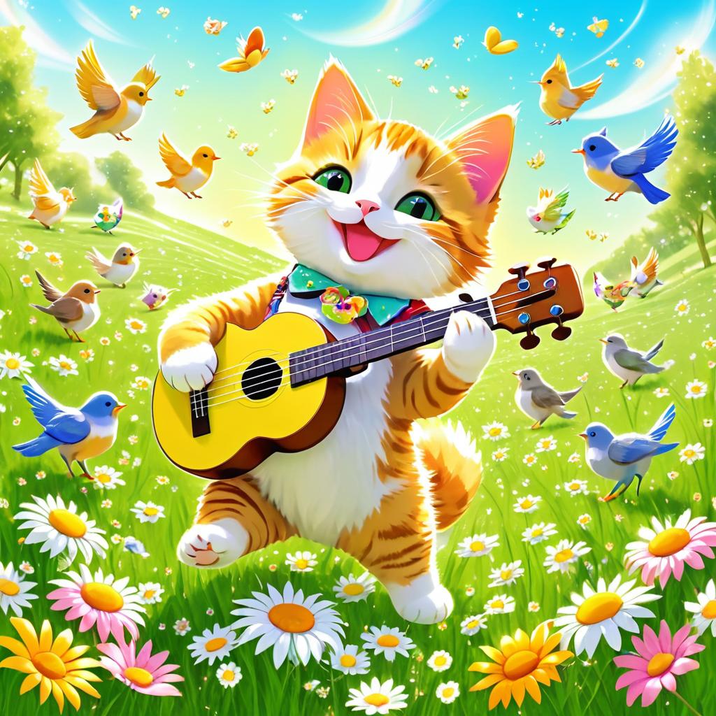 Joyful Kitten Serenading in a Meadow