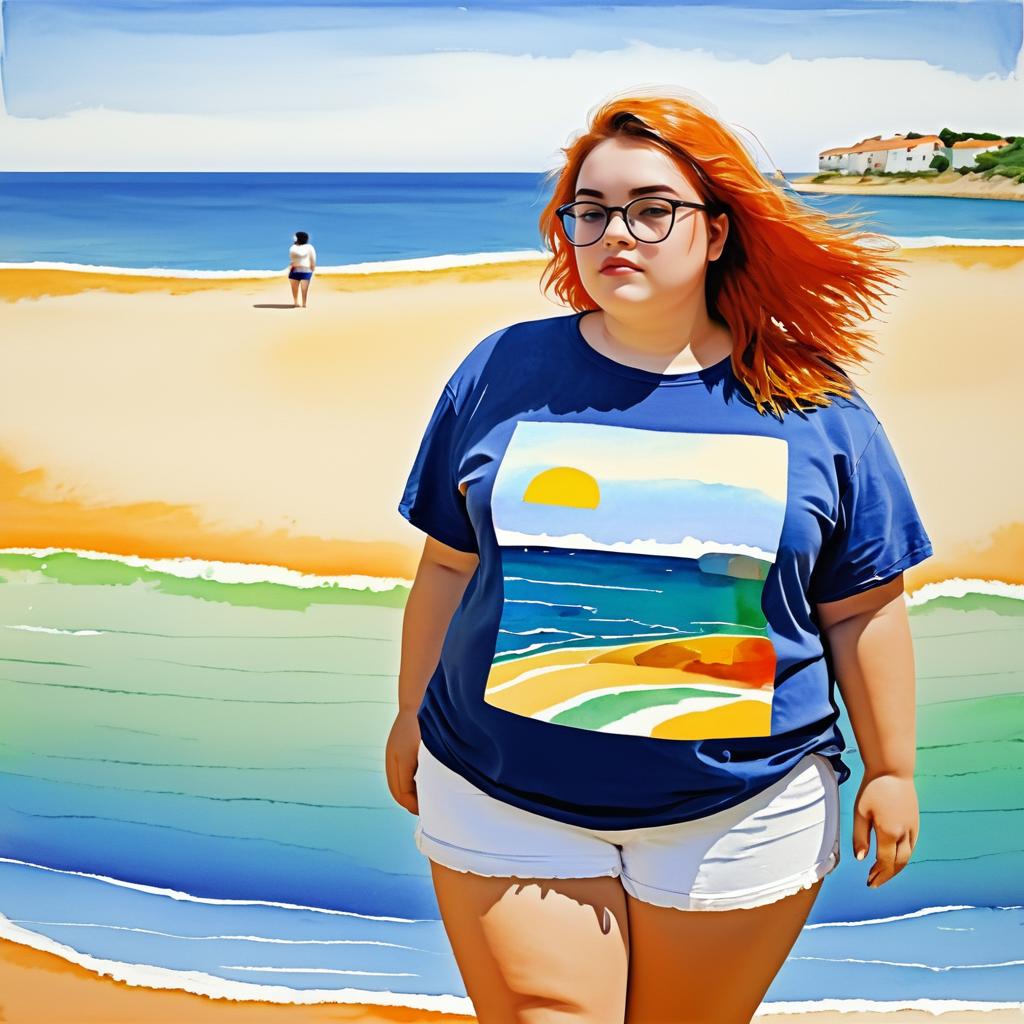 Thoughtful Chubby Girl on Lonely Beach