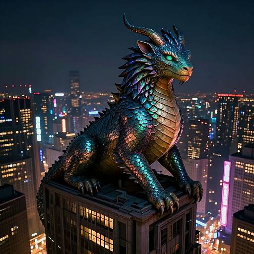 Digital CGI image of a glowing, iridescent dragon with blue, purple, and gold scales perched on a skyscraper rooftop at night, overlooking