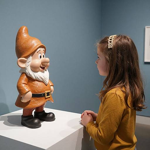Photograph of a young girl in a yellow shirt and headband, smiling at a detailed, brown gnome sculpture on a white pedestal.