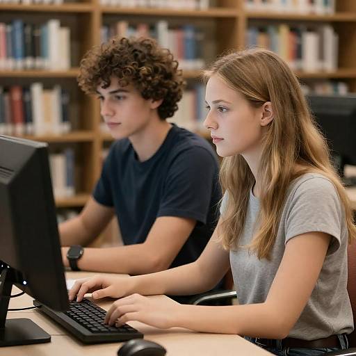 Focused Students at Library Computer Desks