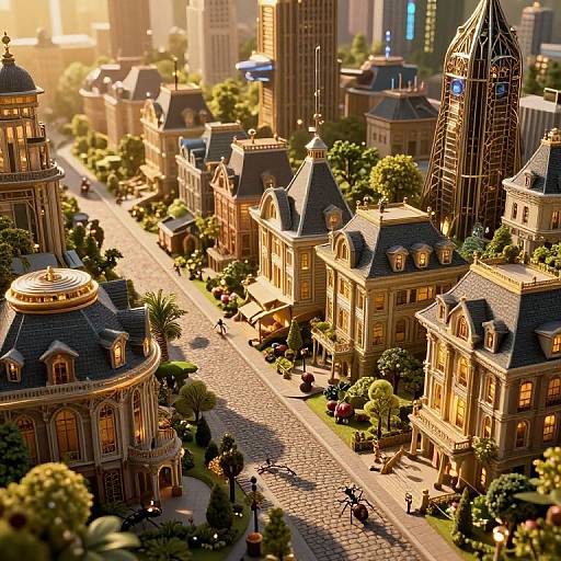 Photorealistic CGI of a sunlit, bustling city street with ornate, Victorian-style buildings, green trees, pedestrians, and sunlight casting warm shadows