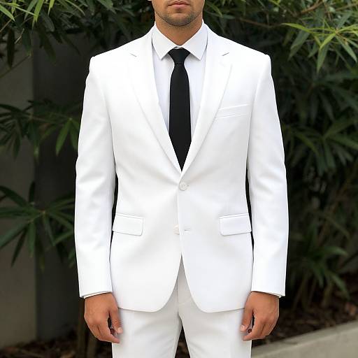 Photograph of a man in a sharp, white suit with a black tie, standing against a dark green leafy background.