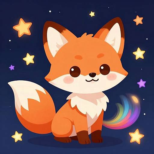 Cute digital illustration of a chibi-style, orange fox with white fur, big round eyes, and a rainbow tail, sitting under a dark blue