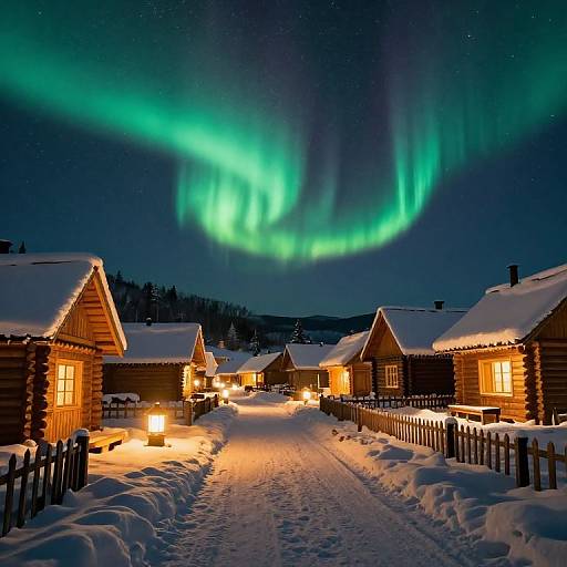 Photograph of a snowy village at night with wooden houses, illuminated windows, and vibrant green Northern Lights dancing in the sky.