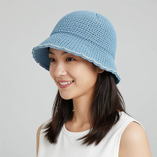 Photograph of an Asian woman with straight black hair, wearing a blue crocheted bucket hat and white sleeveless top, smiling against a plain white