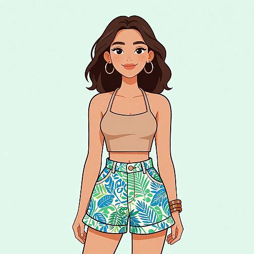 Digital illustration of a smiling young woman with medium skin tone, dark brown wavy hair, wearing a beige crop top and high-waisted green and