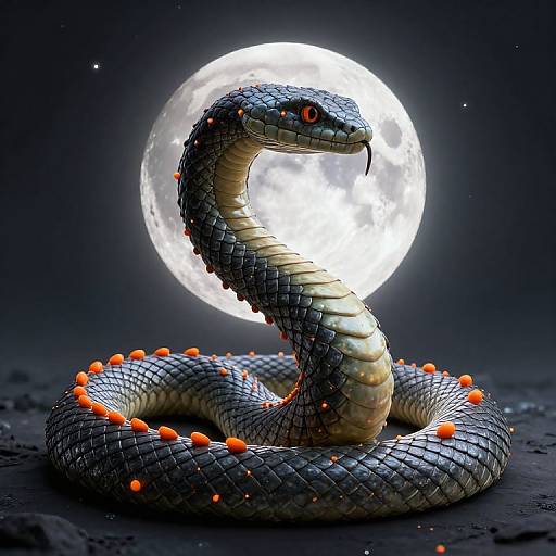 Digital artwork of a black, scaly snake with vibrant orange spots, coiled around a glowing full moon in a dark, starry night sky.
