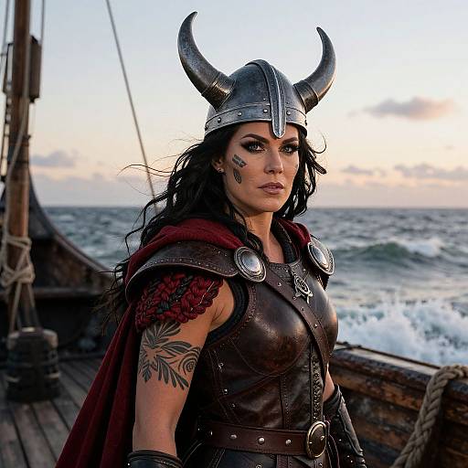 Digital painting of a fierce Viking woman with black hair, horned helmet, dark leather armor, red cape, and ocean background.