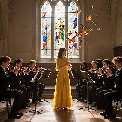 Photograph of a woman in a yellow dress standing center stage, singing, surrounded by musicians playing string instruments, with glowing orange butterflies and a colorful stained