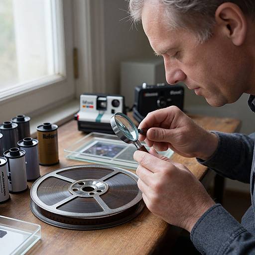 Photograph of a middle-aged man with gray hair, inspecting a vintage film reel through a magnifying glass on a wooden table. Background includes cameras