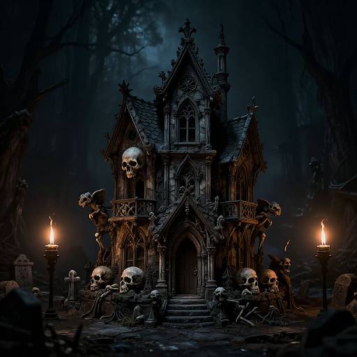 Gothic, dark forest scene with a creepy, skull-adorned, black Gothic house illuminated by two torches, surrounded by skulls and bones