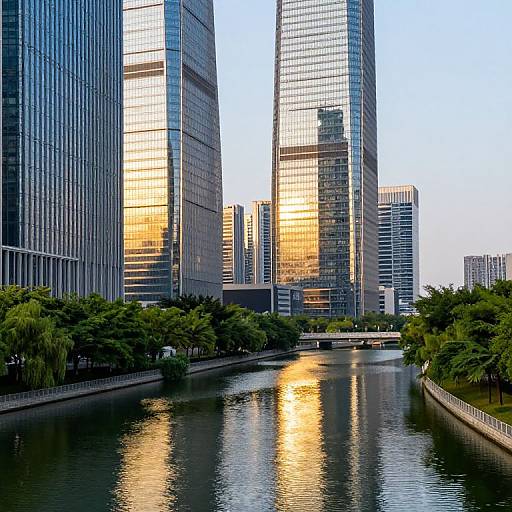 Photograph of a cityscape at sunset, featuring tall, reflective skyscrapers with golden sunlight, a calm river reflecting the buildings, and lush green