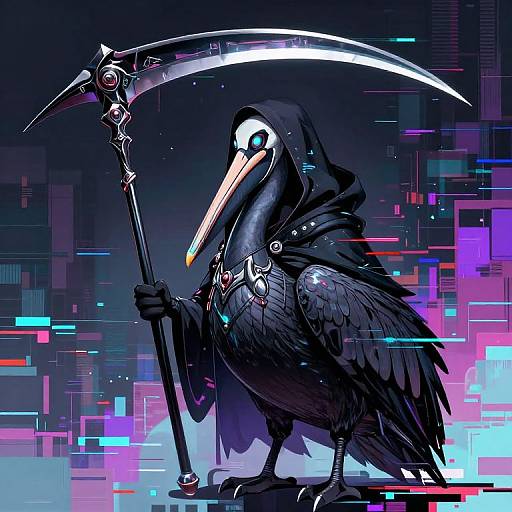 Digital artwork of a black crow in a hooded cloak, holding a glowing scythe, set against a neon, cyberpunk background.