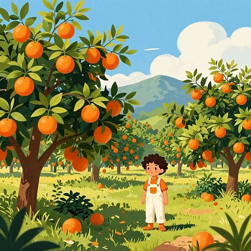 Boy in Sunny Orange Orchard