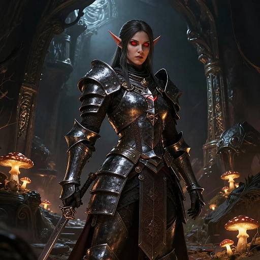 Dark elf warrior in shiny black armor with red eyes, holding a sword in a dimly-lit, mystical forest of glowing mushrooms. Digital artwork.