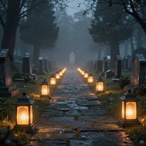 Photograph of a misty, twilight cemetery path lined with glowing lanterns, leading to a distant, faintly visible grave marker.
