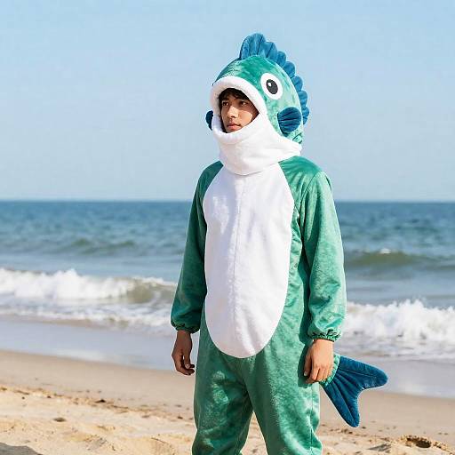Man Wearing Fish Costume on Beach