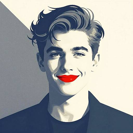 Digital pop art portrait of a smiling young man with dark, wavy hair, red lips, white and blue split background.