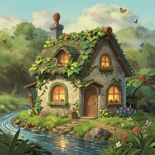 Whimsical fairy-tale cottage with ivy-covered roof, glowing windows, surrounded by colorful flowers, butterflies, and a tranquil river, under a