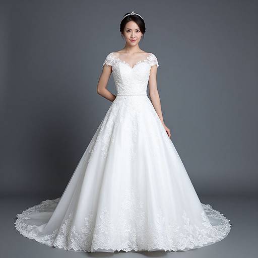 Photograph of an Asian woman in a white, lace-trimmed, short-sleeve wedding gown with a full skirt, standing against a gray