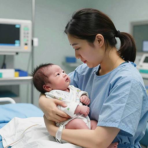 Photograph of an Asian woman in blue hospital scrubs holding a newborn baby in a white onesie, gazing lovingly at the infant in a