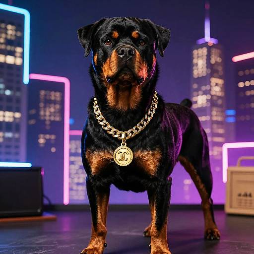 Rottweiler with Gold Chain in Neon Cityscape