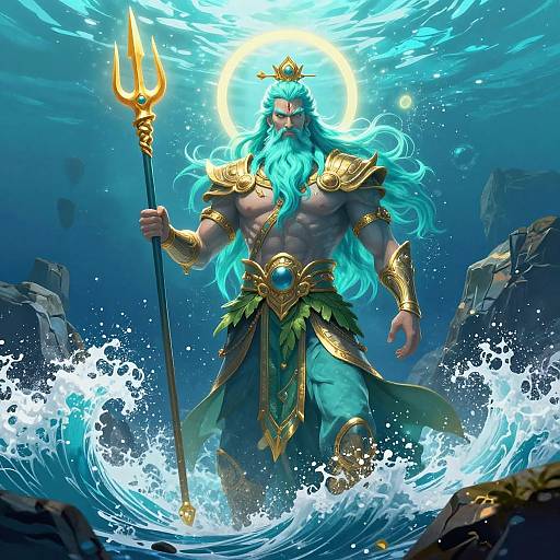 Digital art of a muscular, blue-bearded sea god with glowing turquoise hair, gold armor, and trident, emerging from ocean waves under a bright