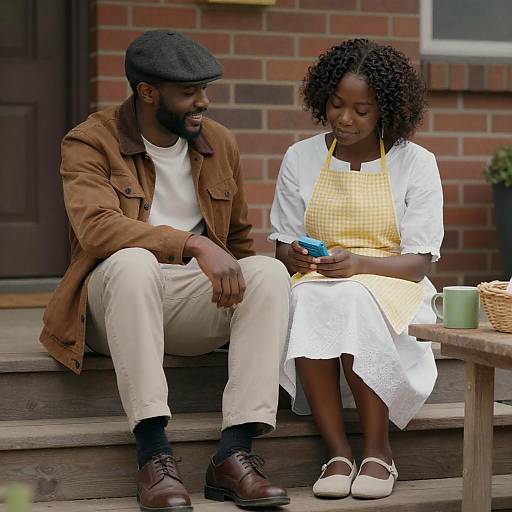 Couple on Wooden Steps by Brick Wall