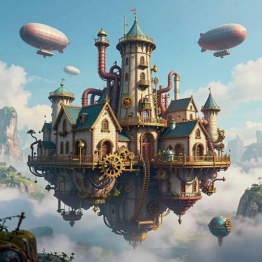 Fantasy CGI: Whimsical steampunk castle with multiple towers, clock gears, and colorful pipes, floating amidst clouds, surrounded by airships