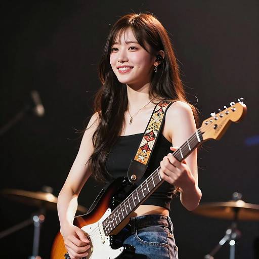 Young Japanese Woman Playing Electric Guitar on Stage